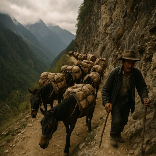 Man leading a pack of horses packed with tea through a mountainous landscape on the old Tea Horse Road