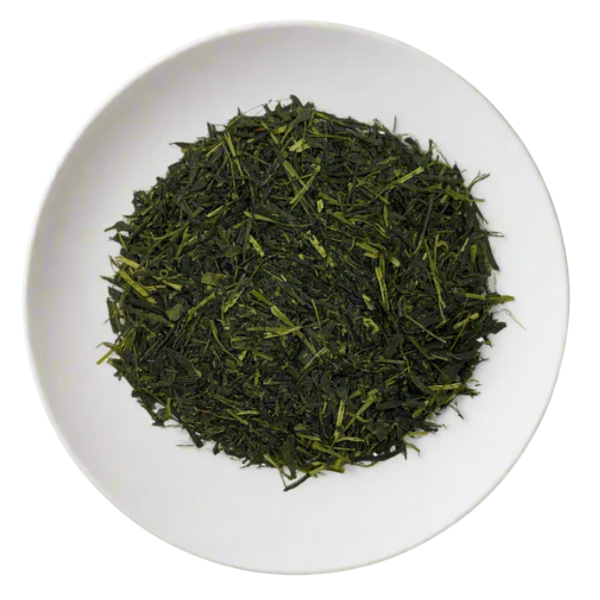 Gyokuro tea leaves on a white plate