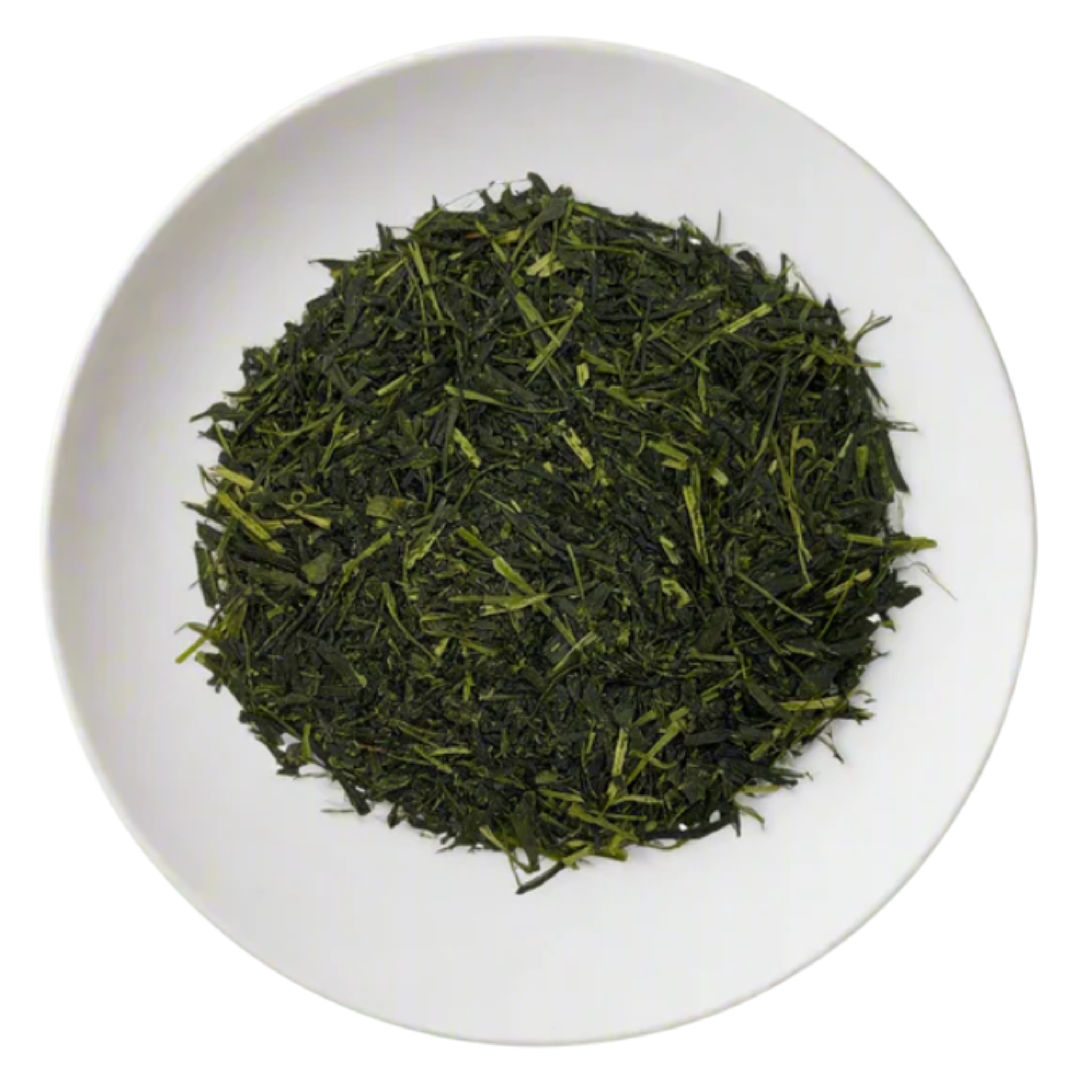 Gyokuro tea leaves on a white plate