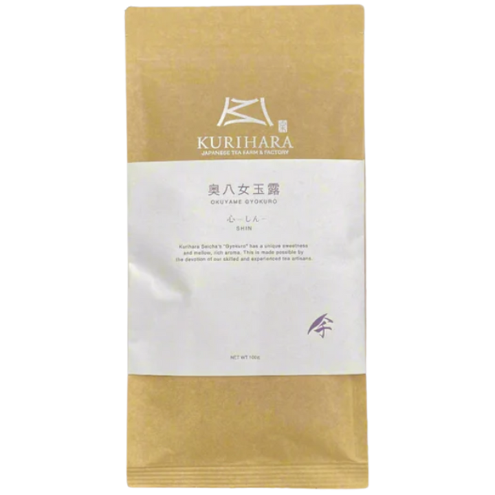 Kurihara gyokuro tea package with gold and white design