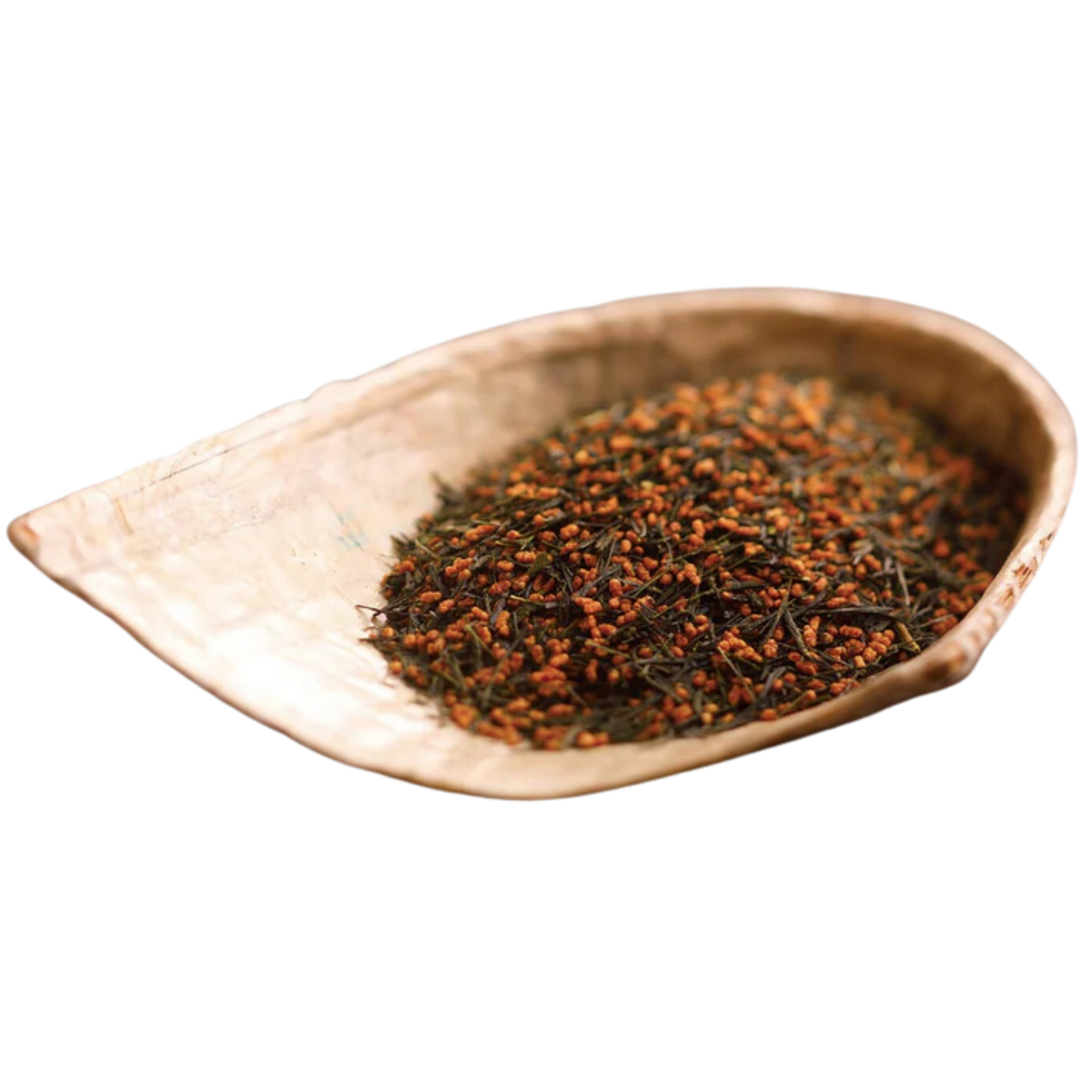 Genmaicha tea leaves in a leaf-shaped plate