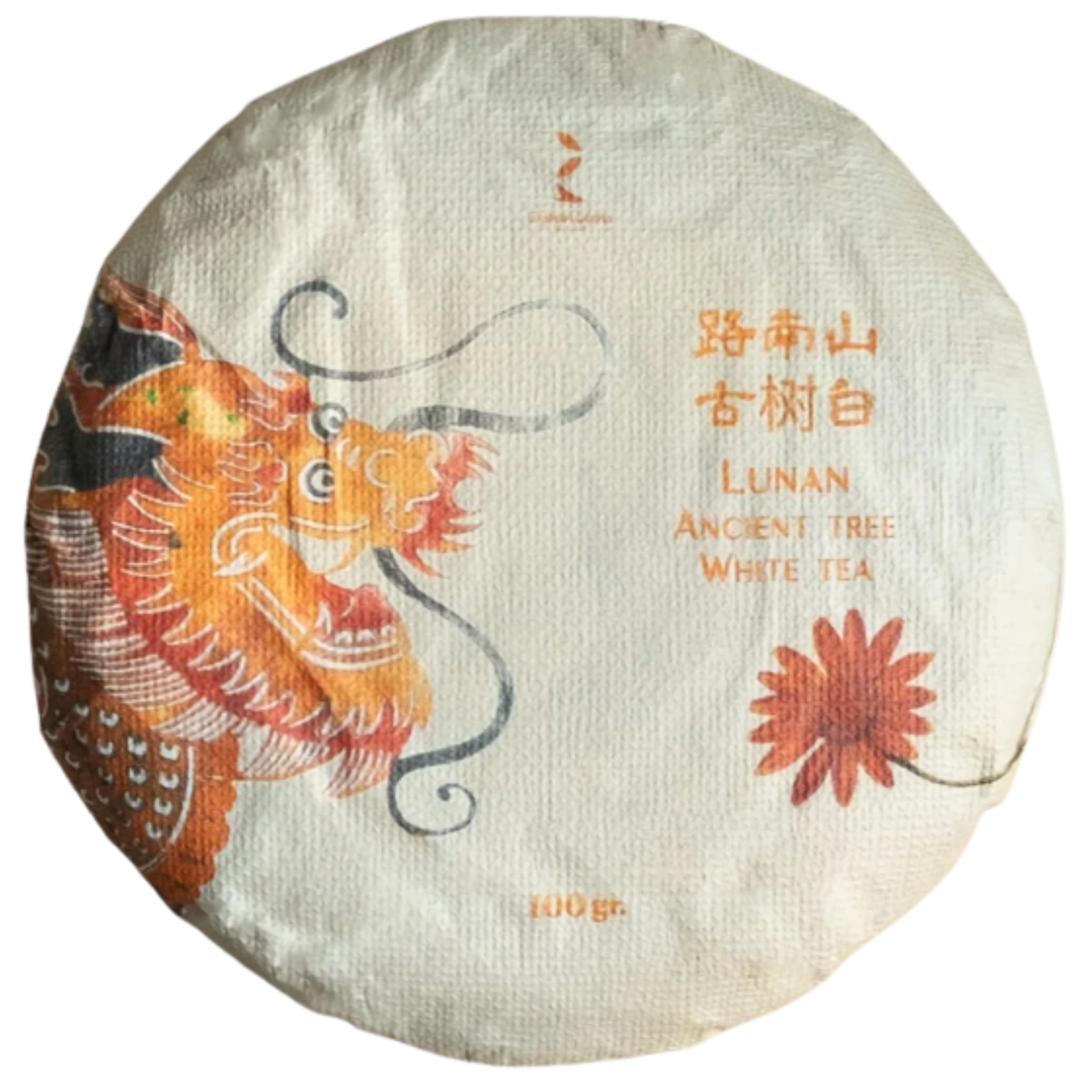 Round white tea cake package with dragon design and text on a white background