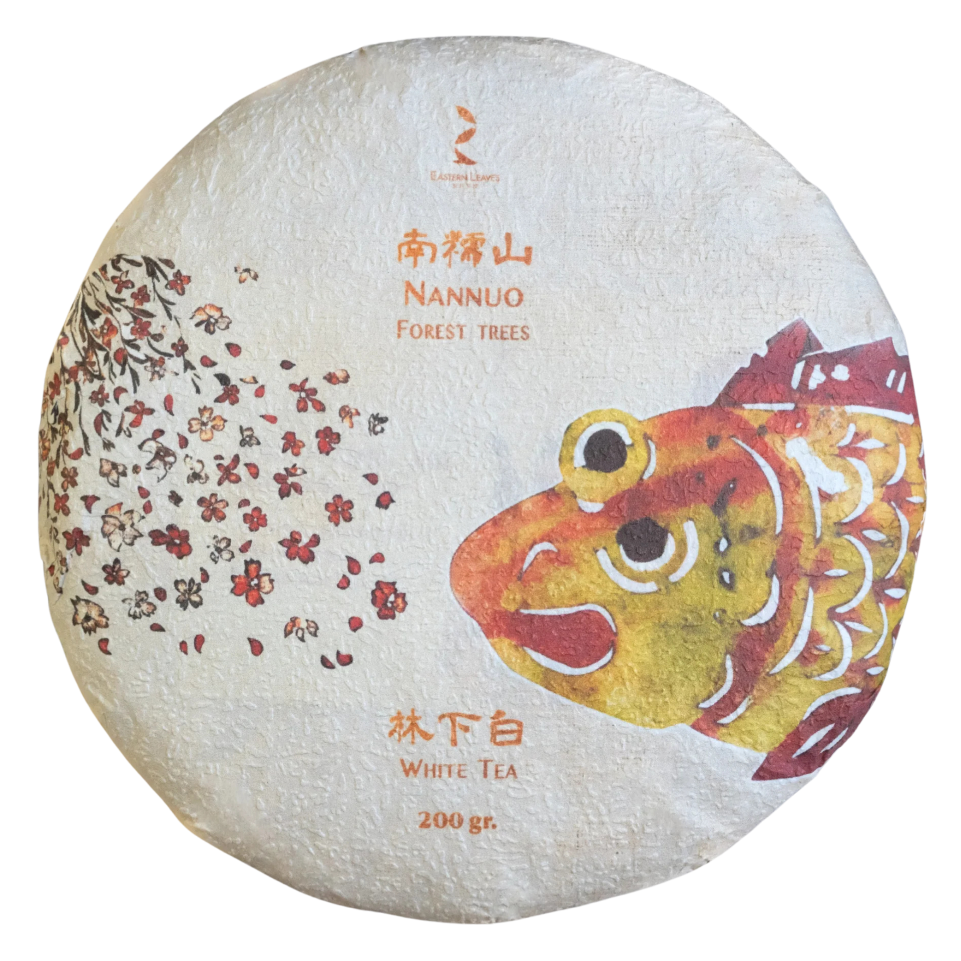 White tea cake with fish illustration and text