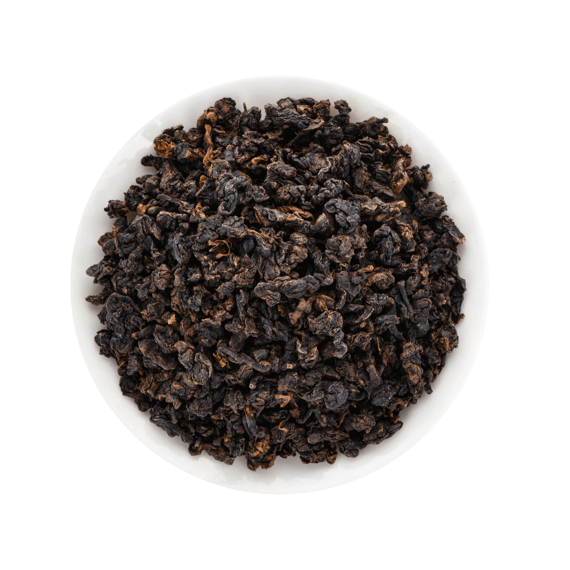 Dark brown Oolong tea leaves in a white bowl