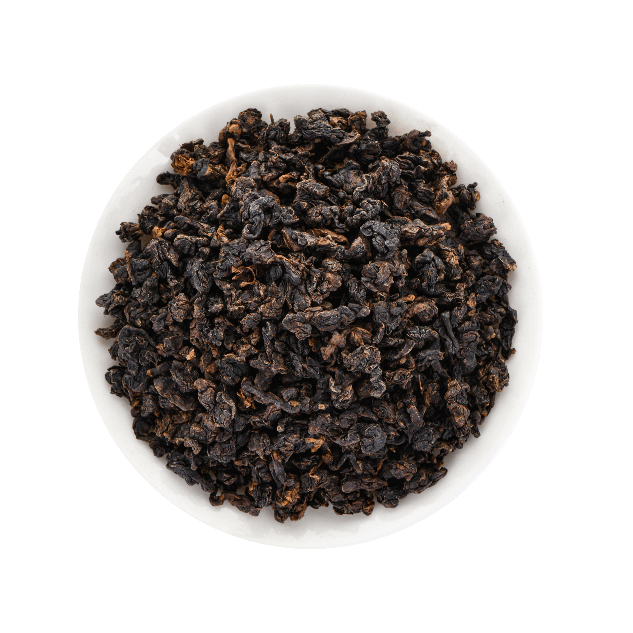 Dark brown Oolong tea leaves in a white bowl