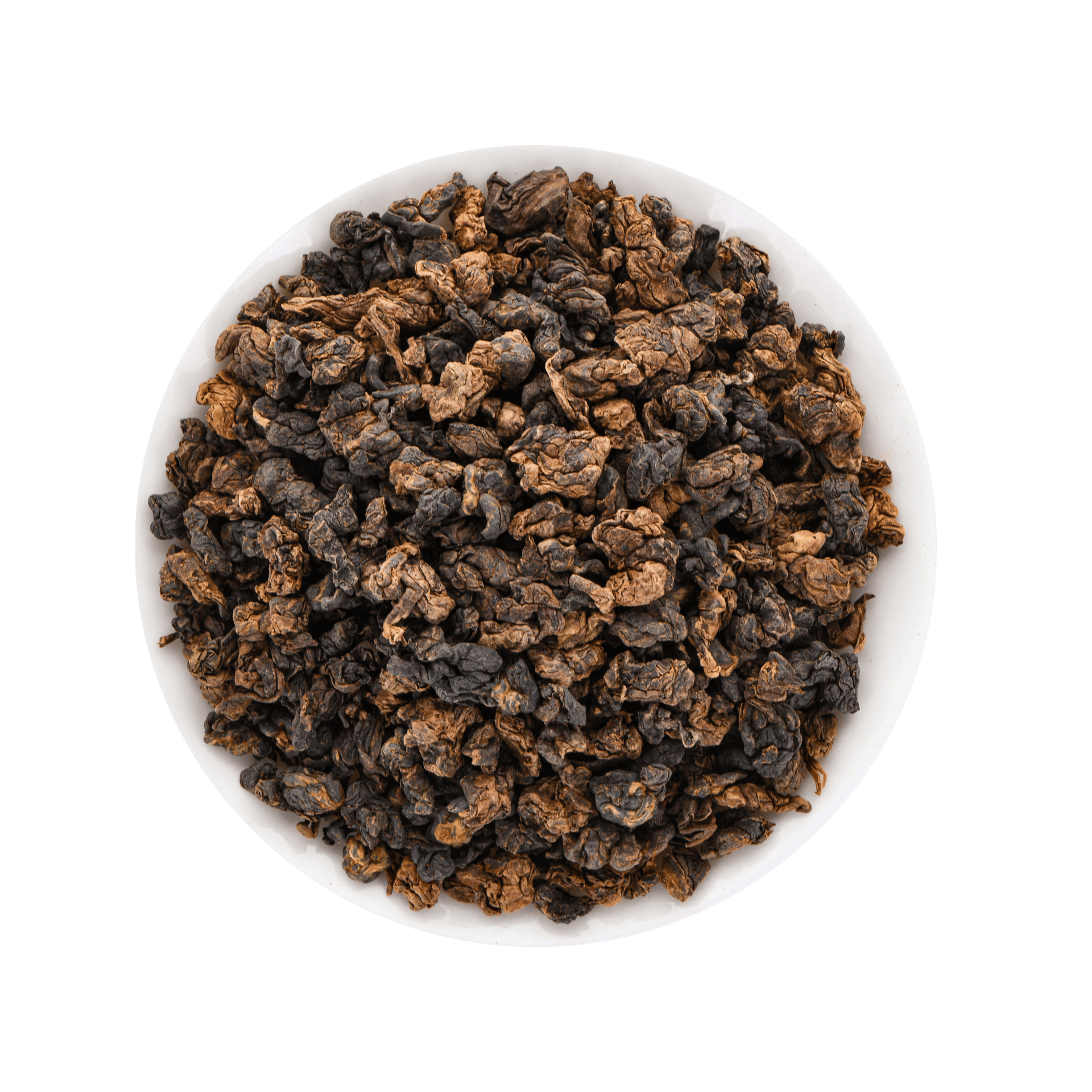 White bowl filled with dark brown rolled Oolong tea leaves