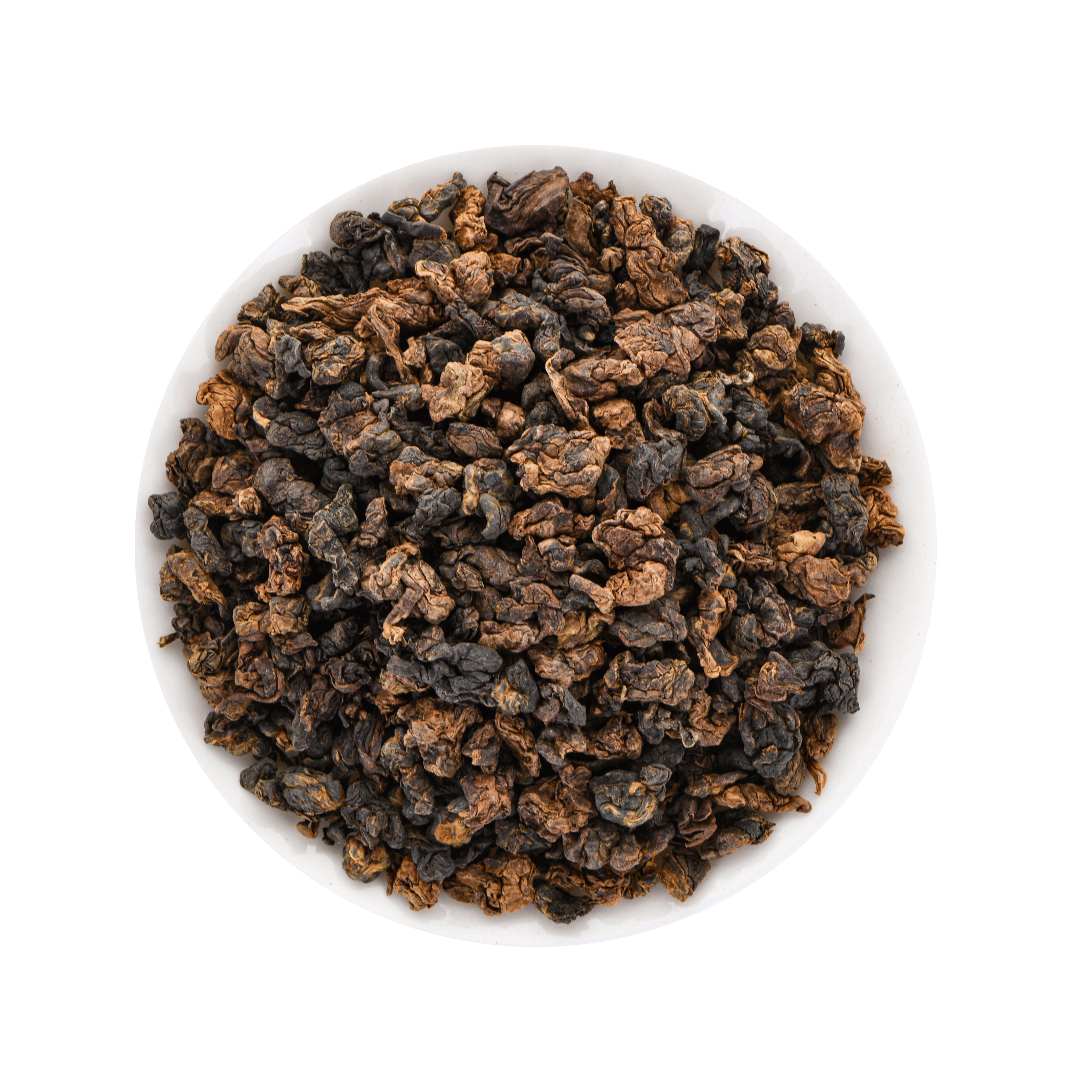 White bowl filled with dark brown rolled Oolong tea leaves