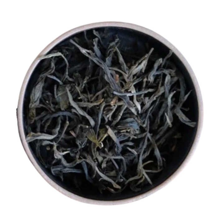 Dried Sheng Pu'er tea leaves in a round container