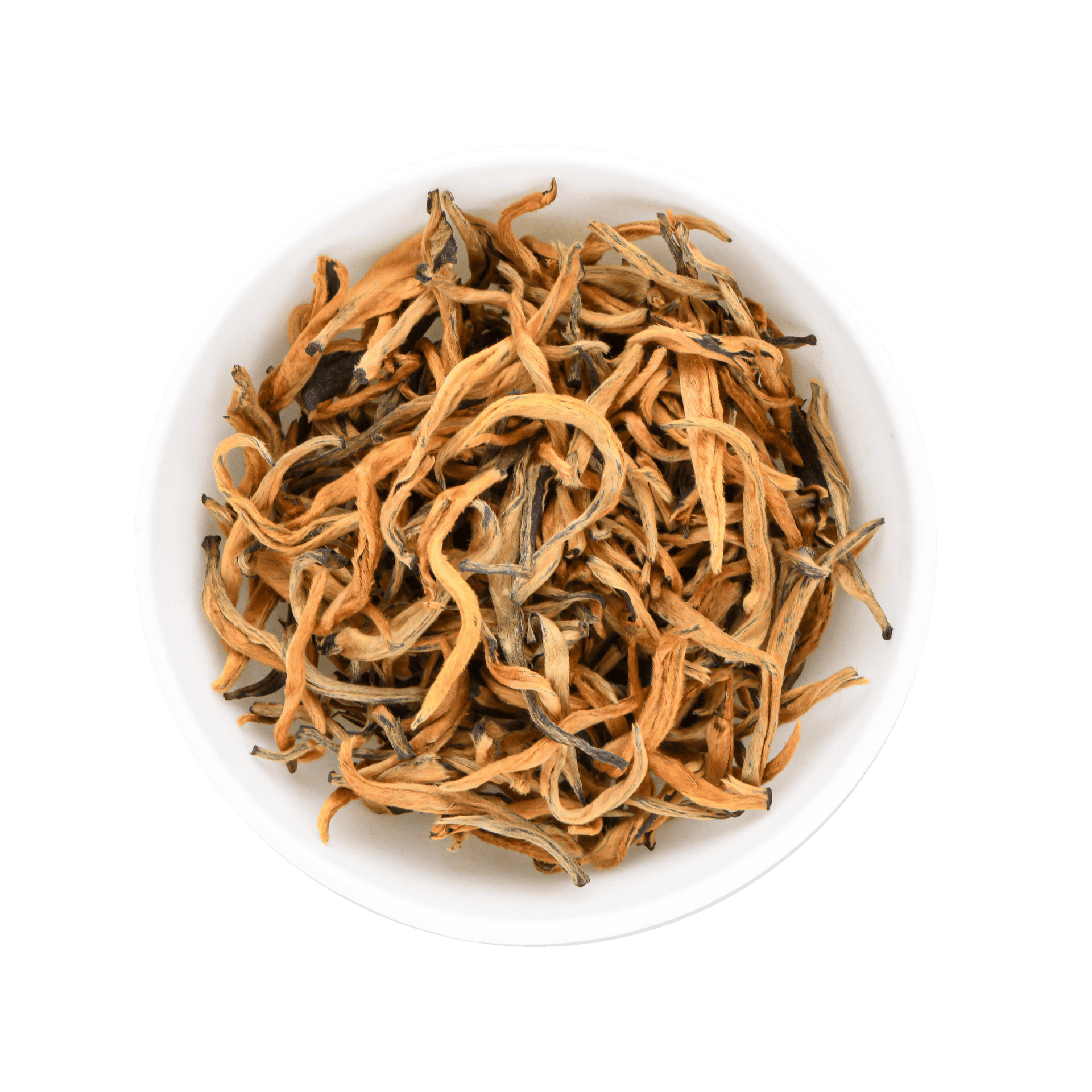 Dried black tea leaves in a white bowl