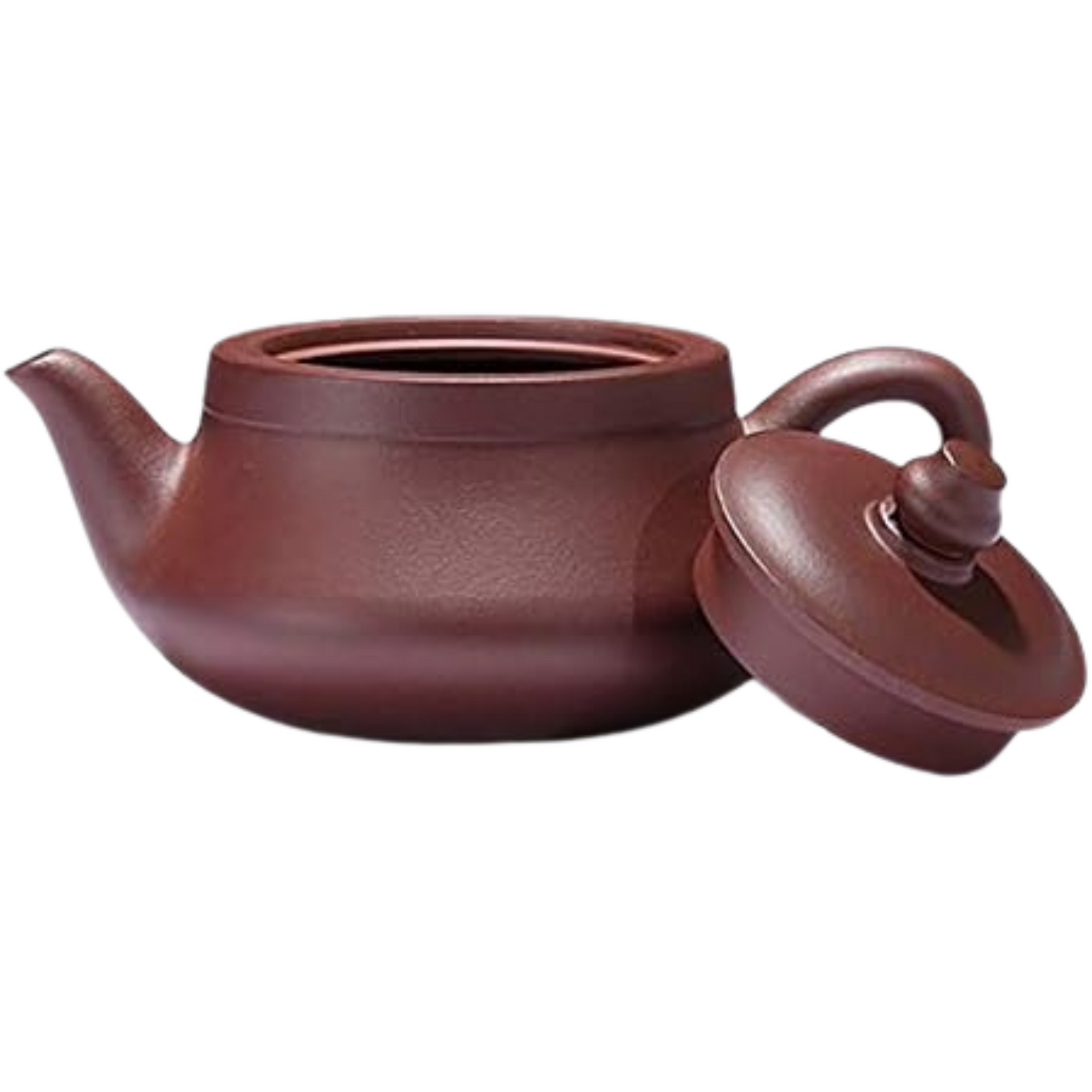 Purple Clay Yixing clay teapot with the lid leaning against it
