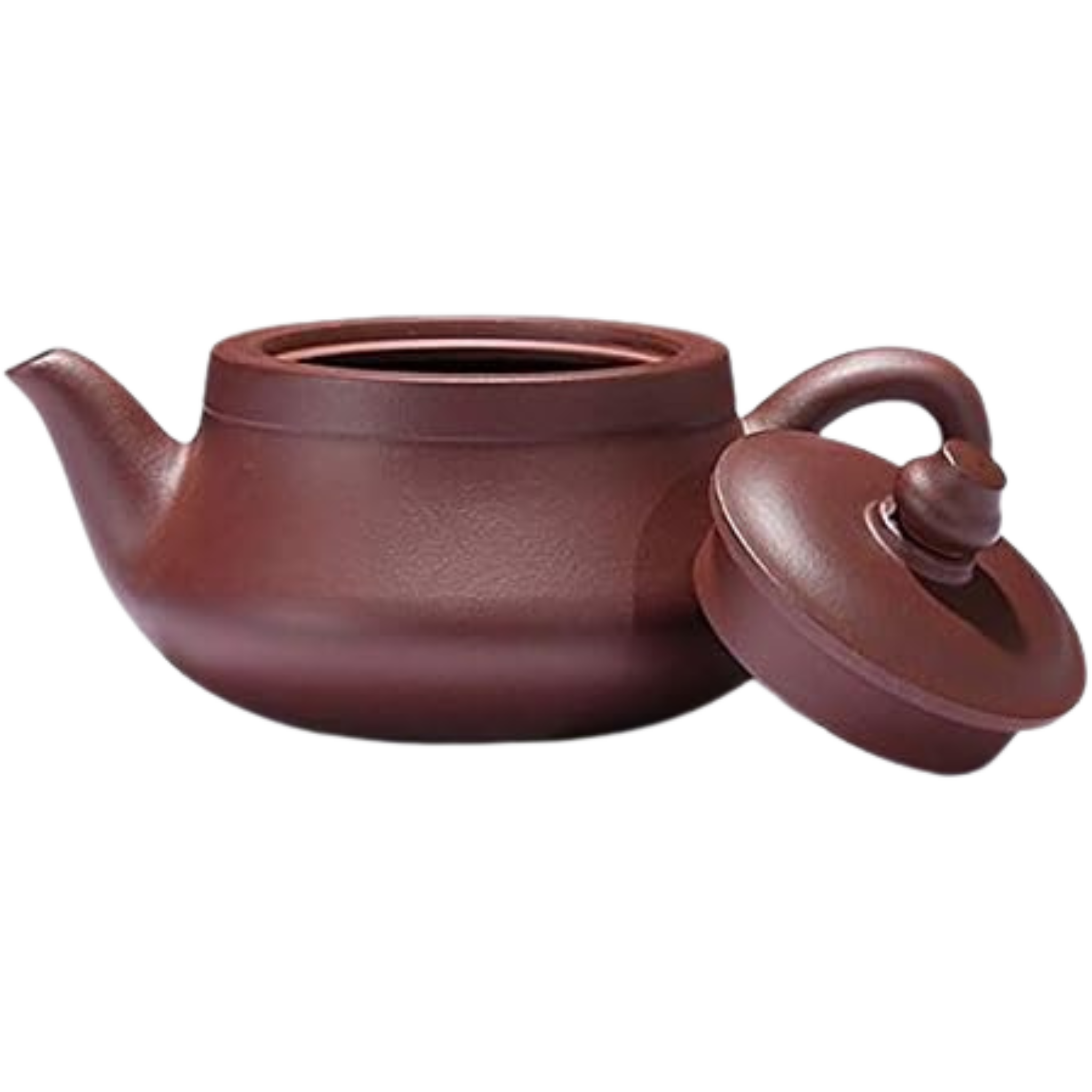 Purple Clay Yixing clay teapot with the lid leaning against it