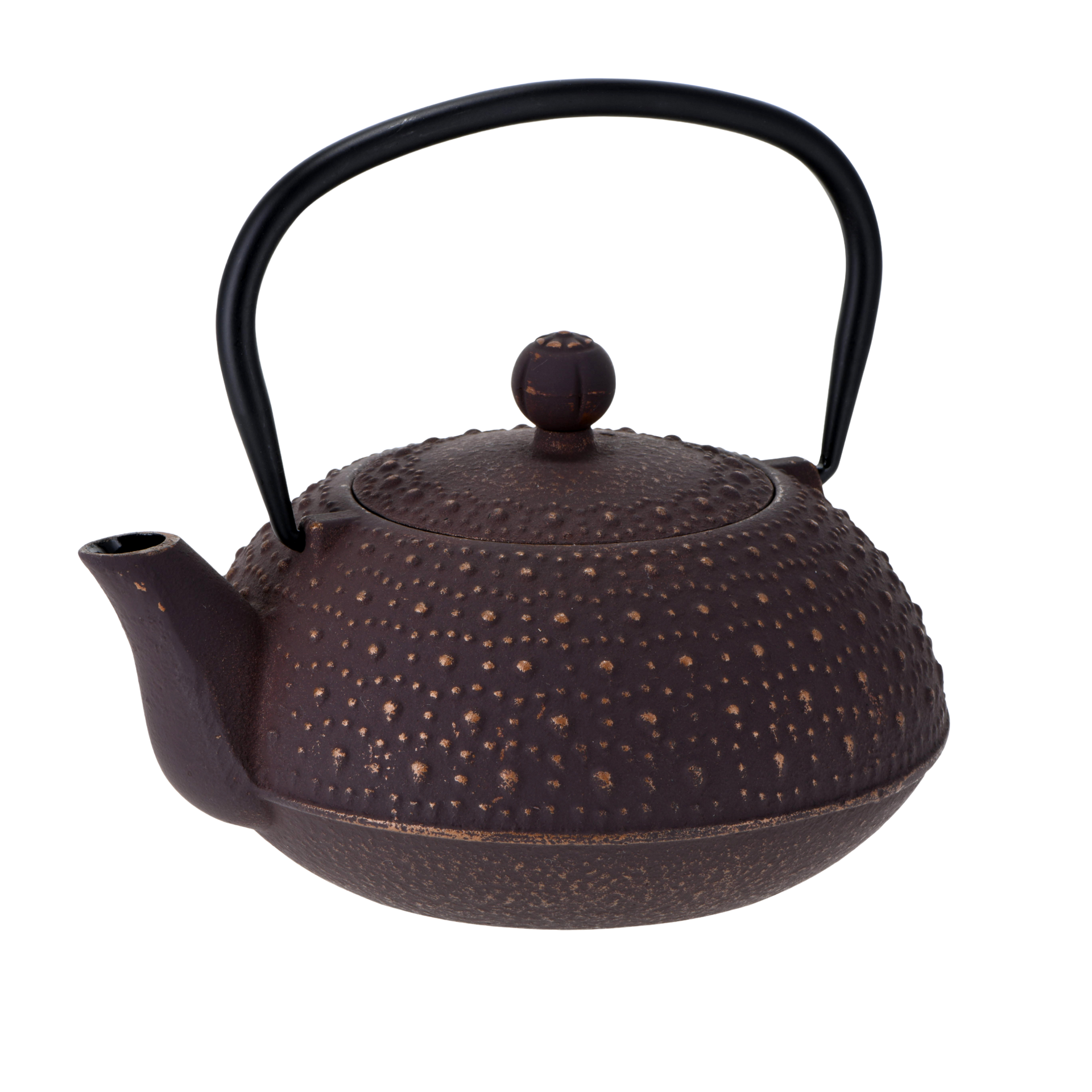 Black cast iron teapot with textured surface and black handle
