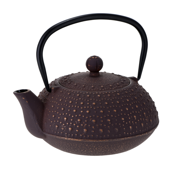 Black cast iron teapot with textured surface and black handle