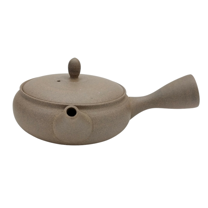 Flat sand ceramic Japanese kyusu seen from the front