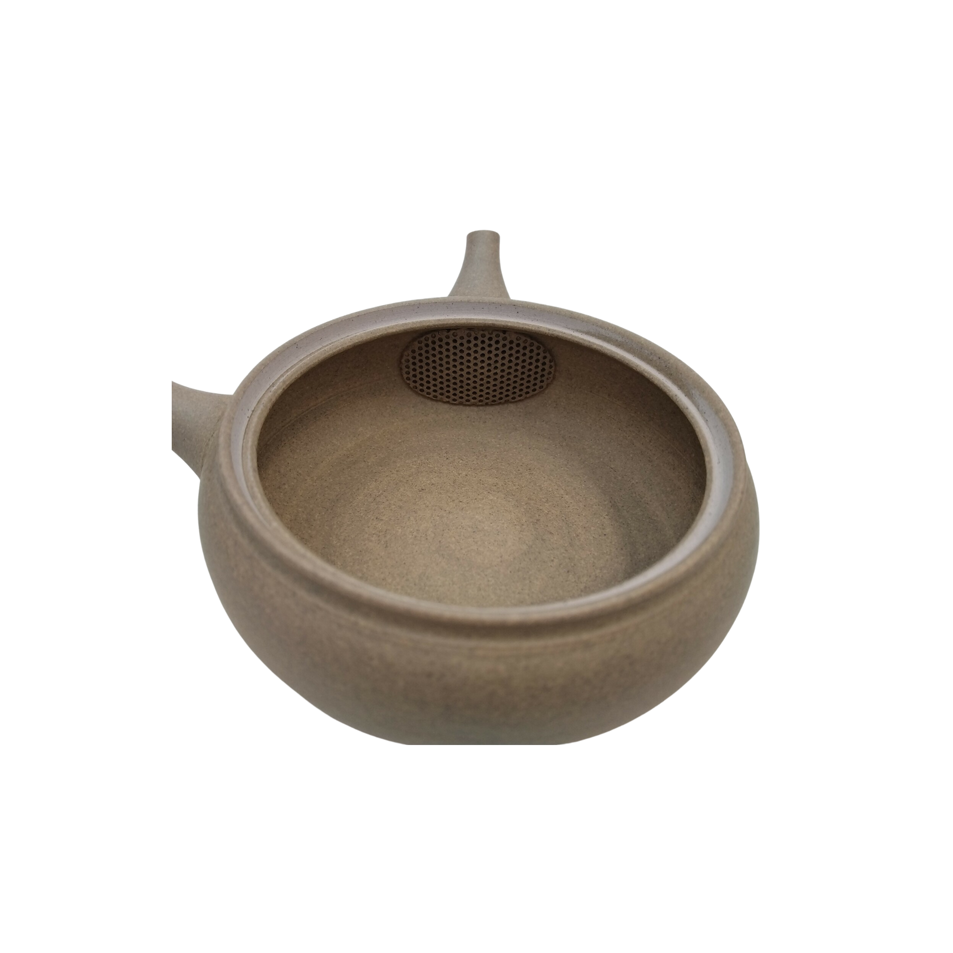 Flat sand ceramic Japanese kyusu seen from the top