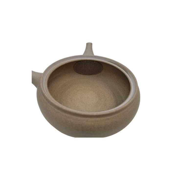 Flat sand ceramic Japanese kyusu seen from the top