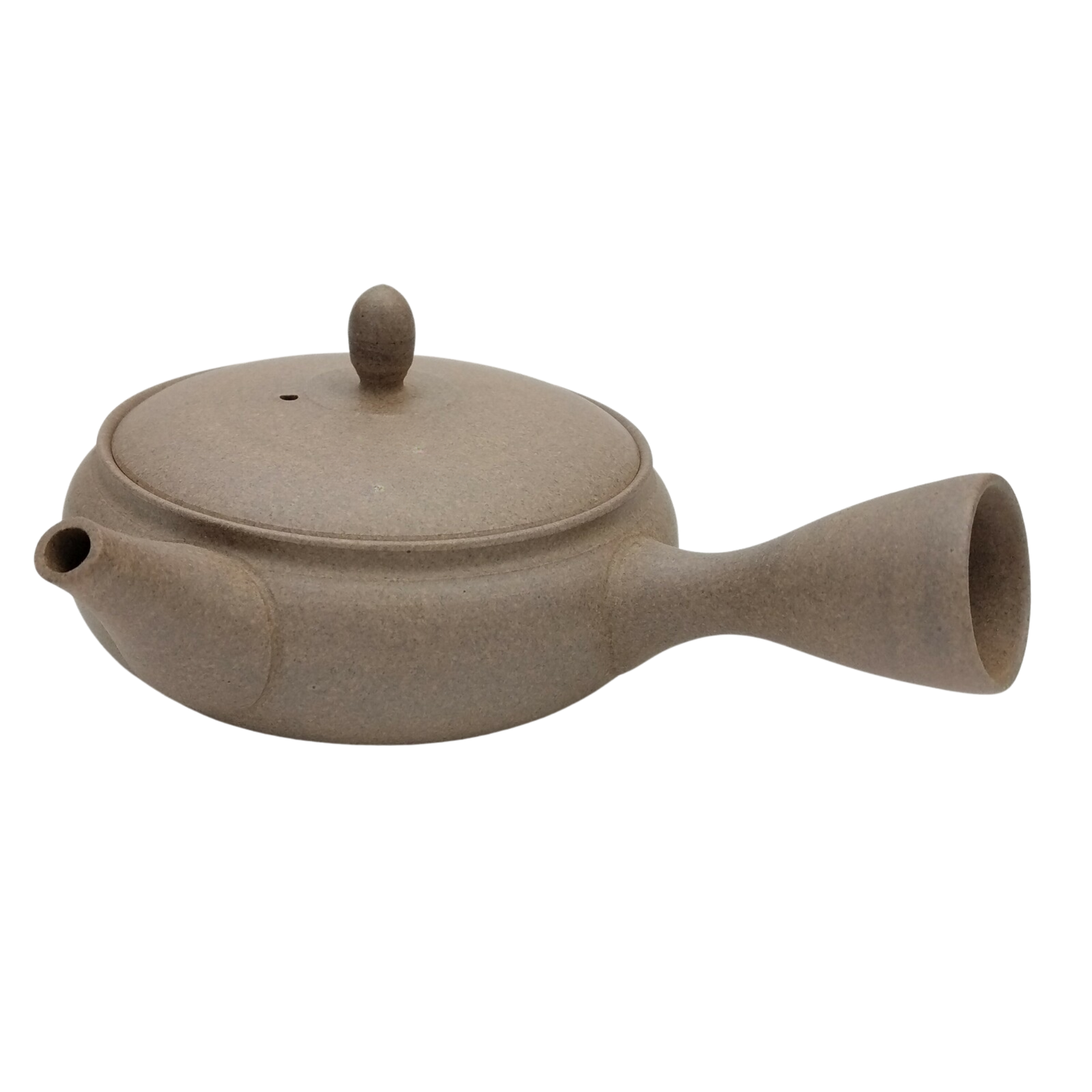 Flat sand ceramic Japanese kyusu seen from the side