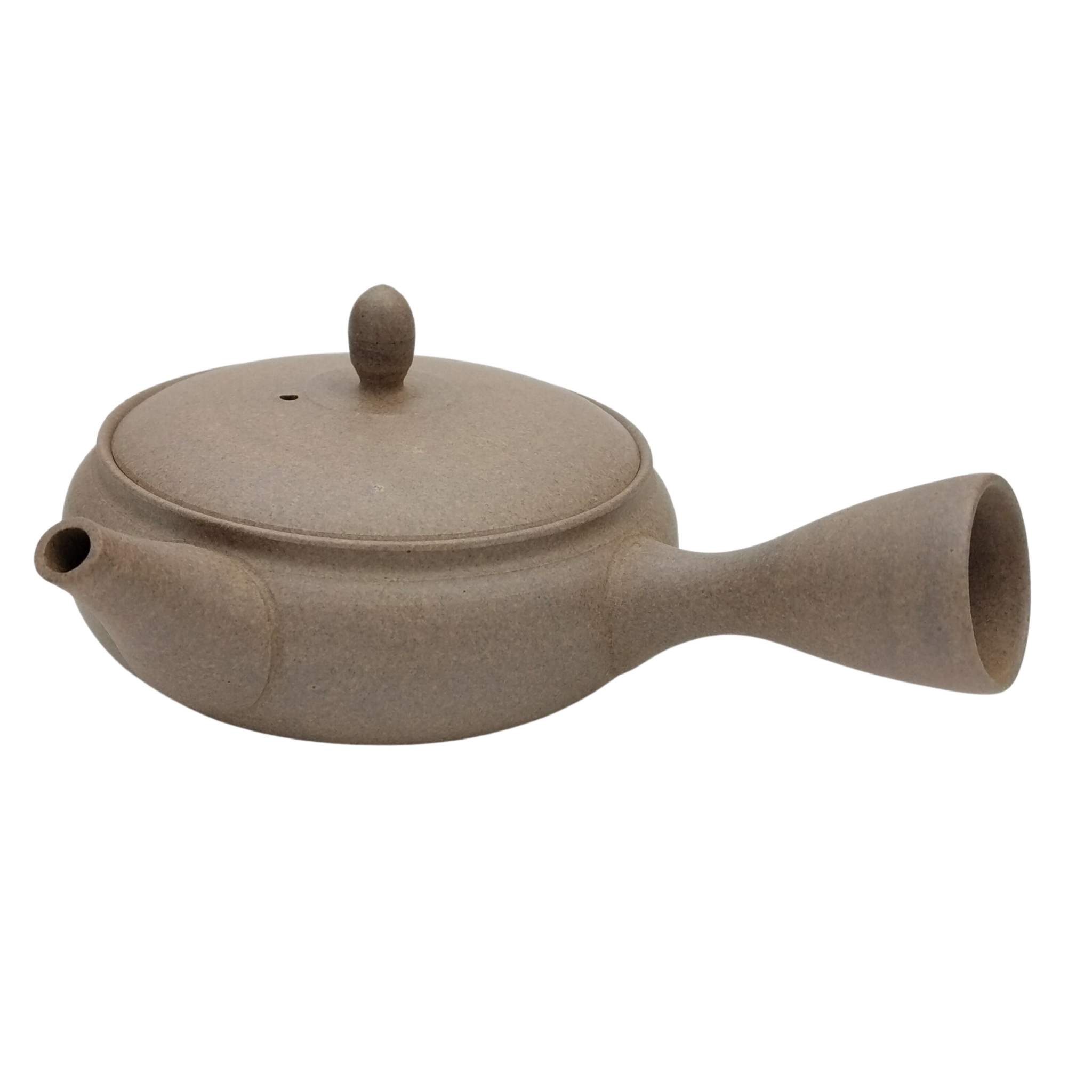 Flat sand ceramic Japanese kyusu seen from the side