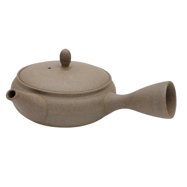 Flat sand ceramic Japanese kyusu seen from the side