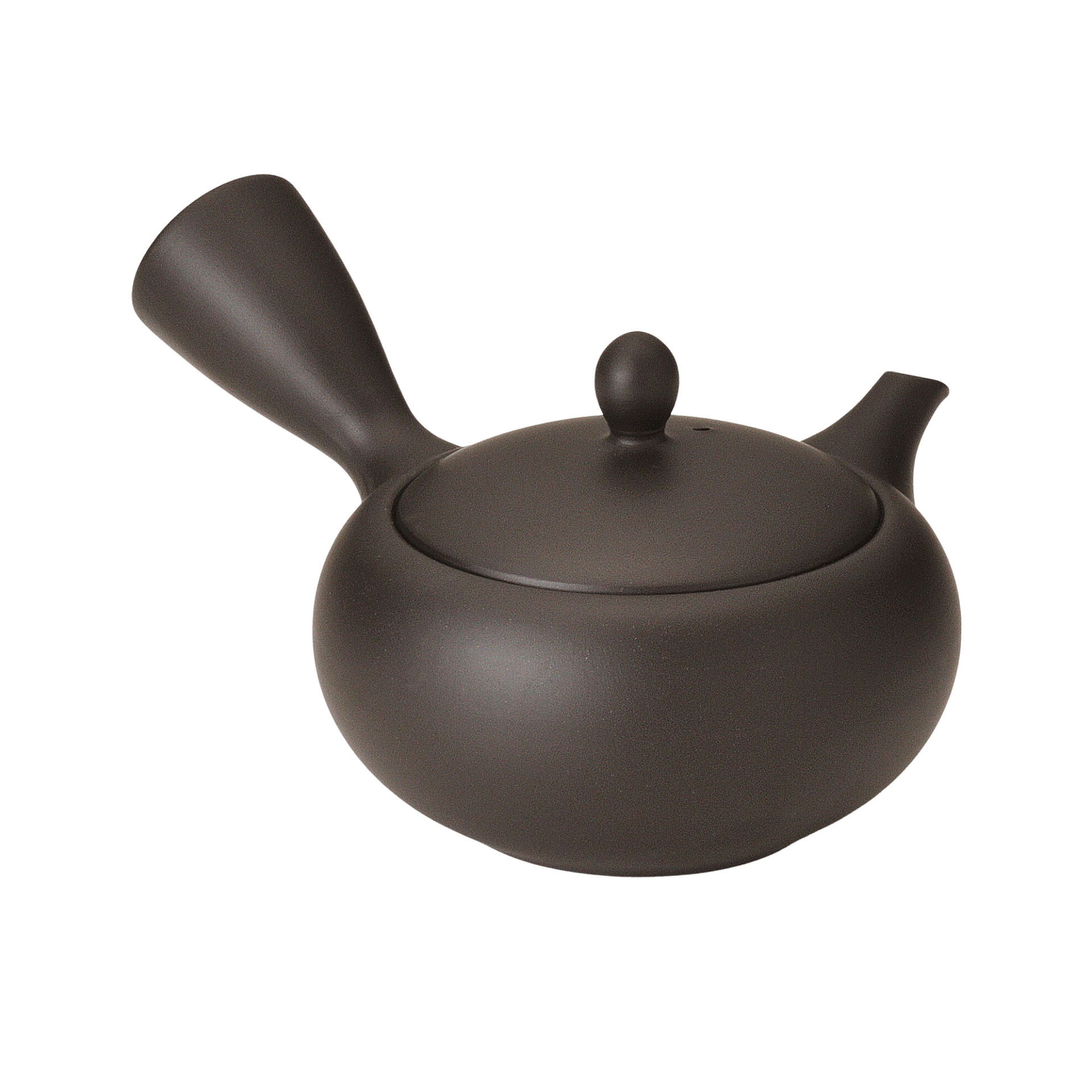 Black ceramic Japanese kyusu seen from the back
