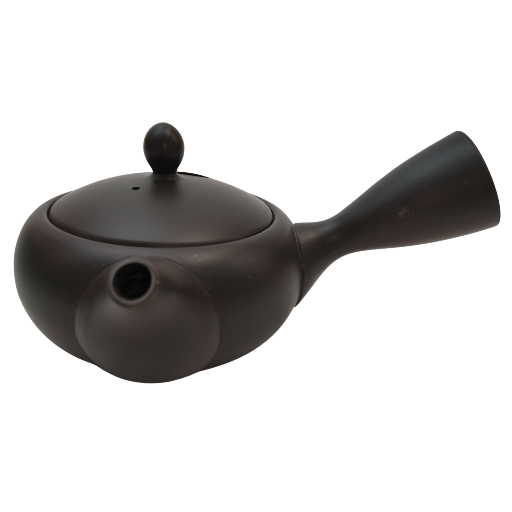 Black ceramic Japanese kyusu seen from the front
