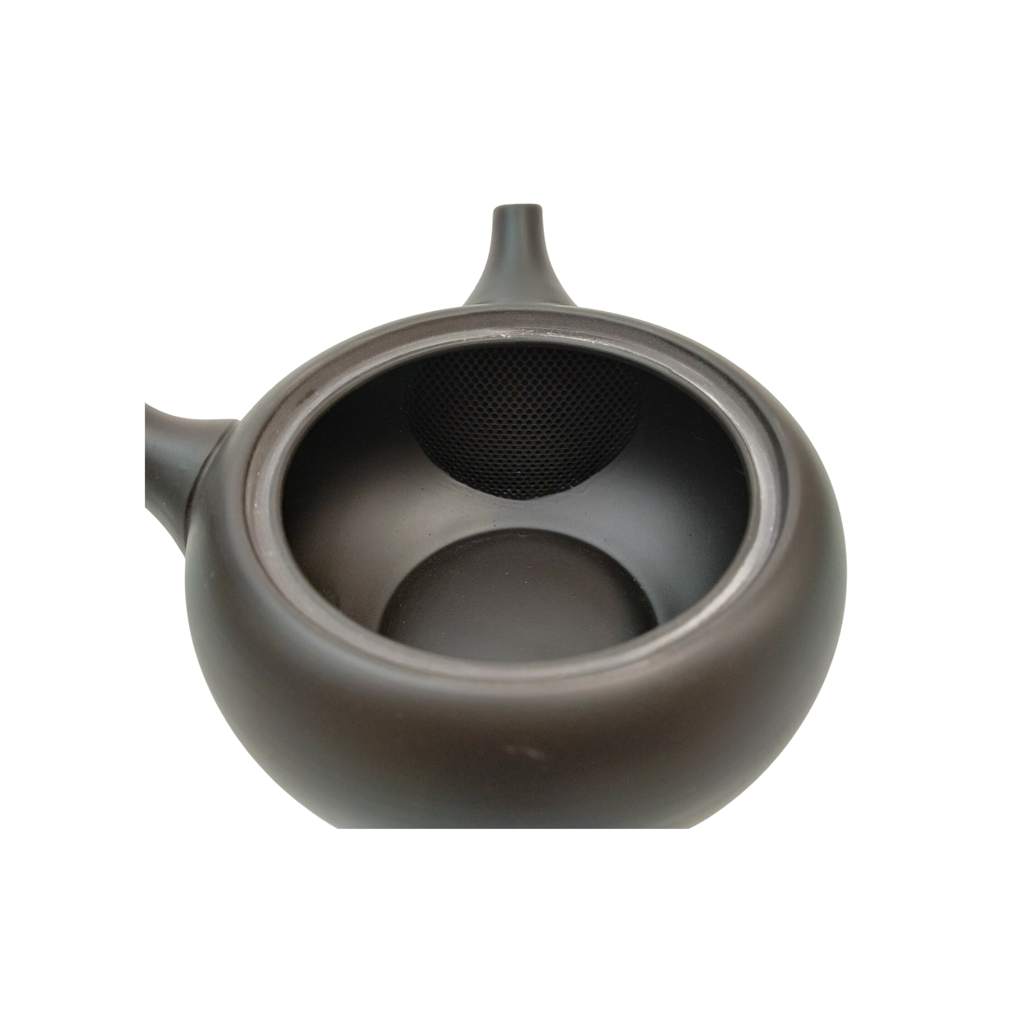 Black ceramic Japanese kyusu seen from the top