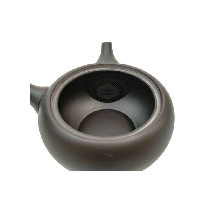 Black ceramic Japanese kyusu seen from the top