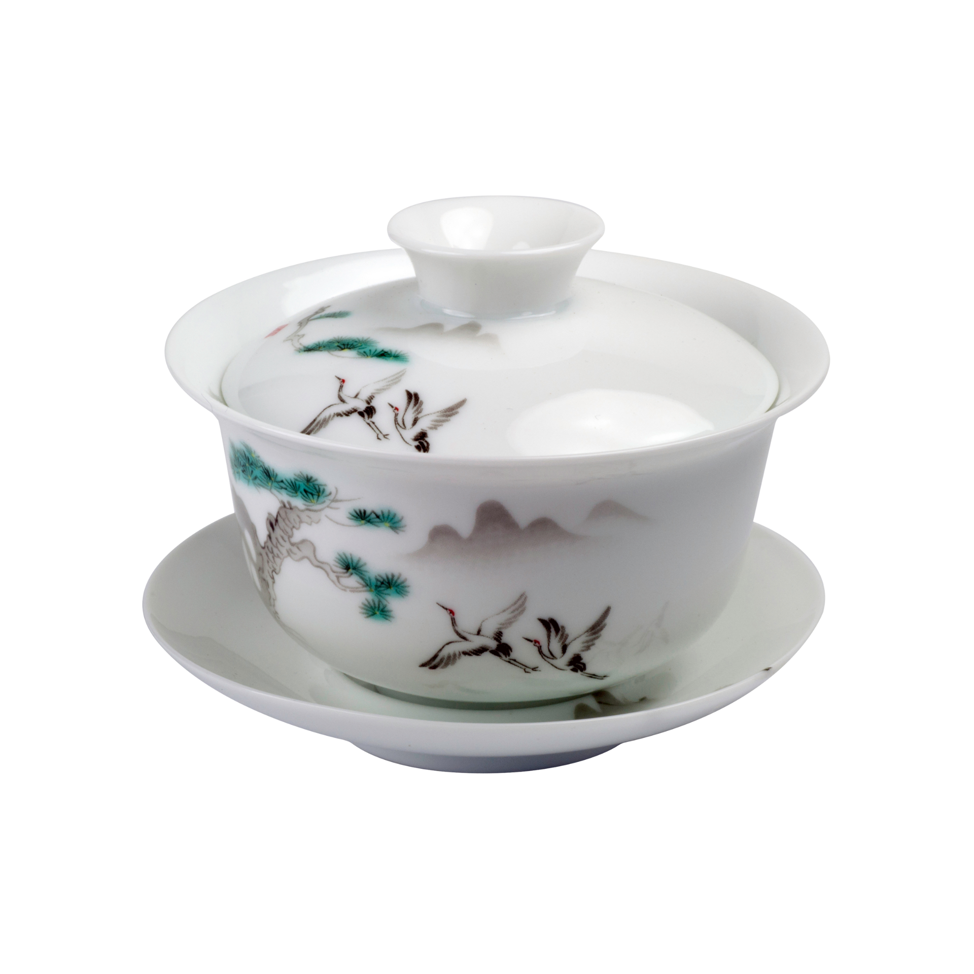 White ceramic Gaiwan with lid and painted crane design