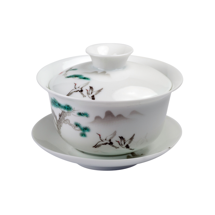 White ceramic Gaiwan with lid and painted crane design