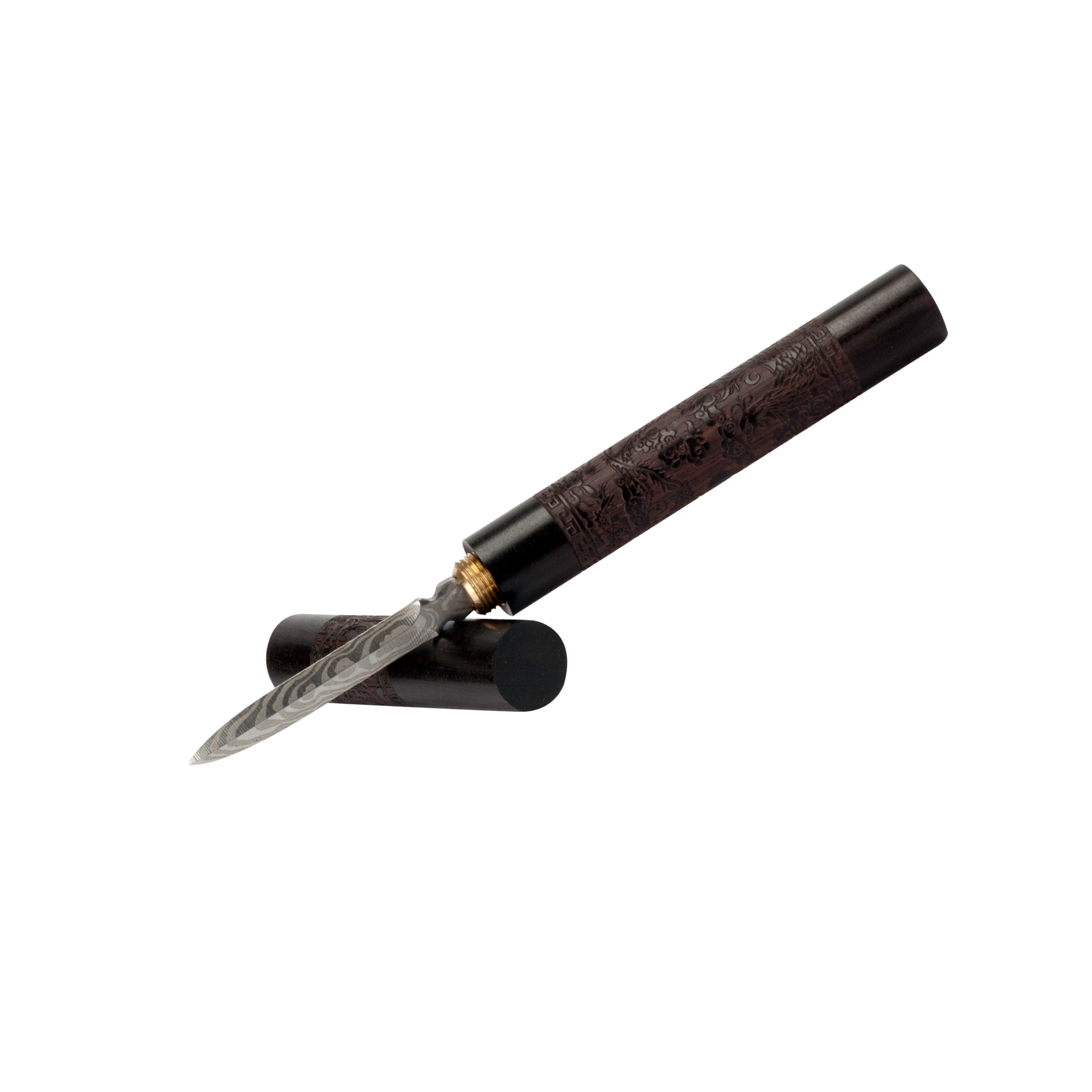 Black-handled Pu'er knife with inscription and a metallic blade