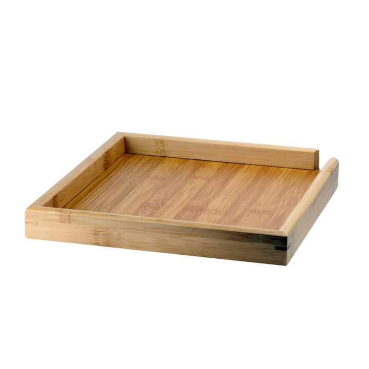 Wooden Pu'er tea cake tray with a natural bamboo finish