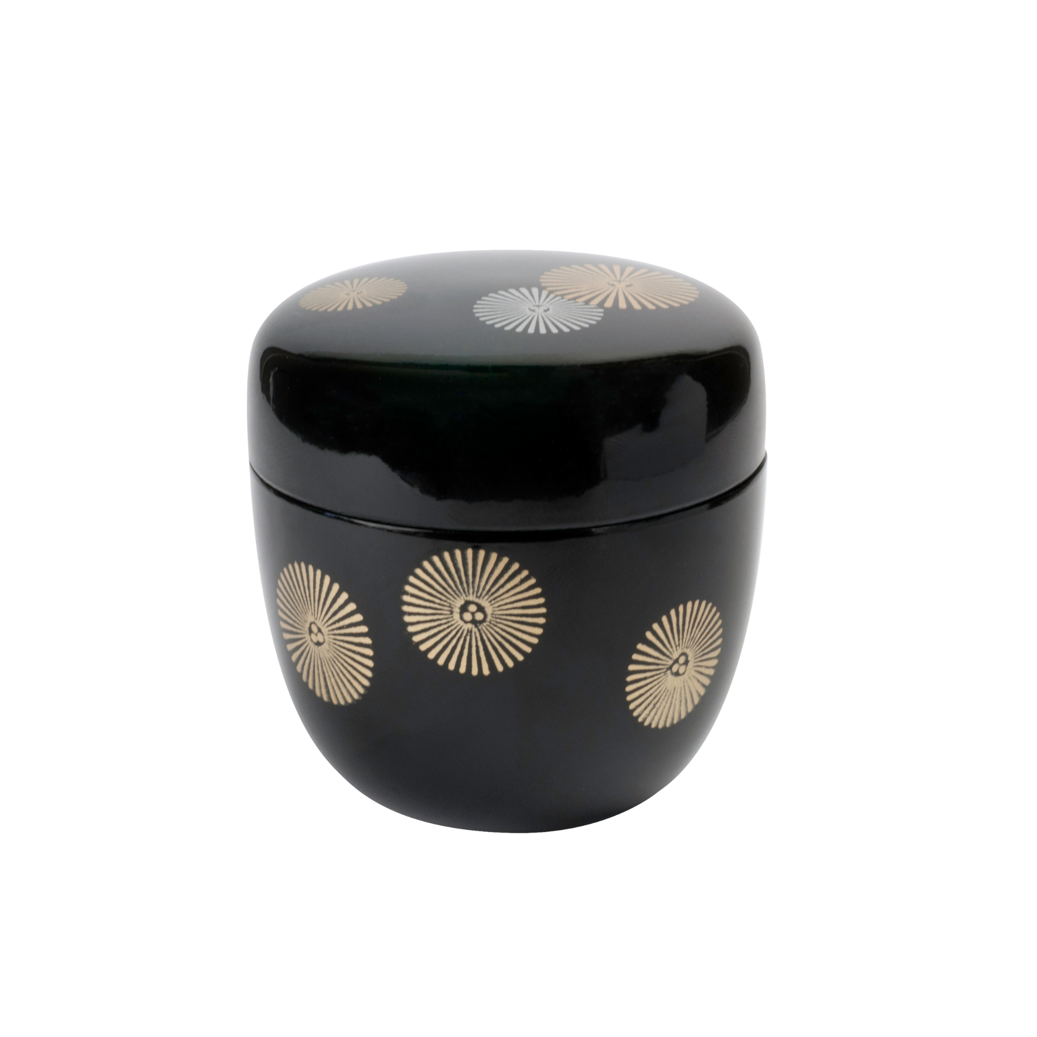 Black lacquered Natsume matcha cannister with gold floral patterns
