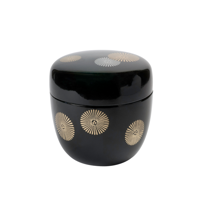 Black lacquered Natsume matcha cannister with gold floral patterns