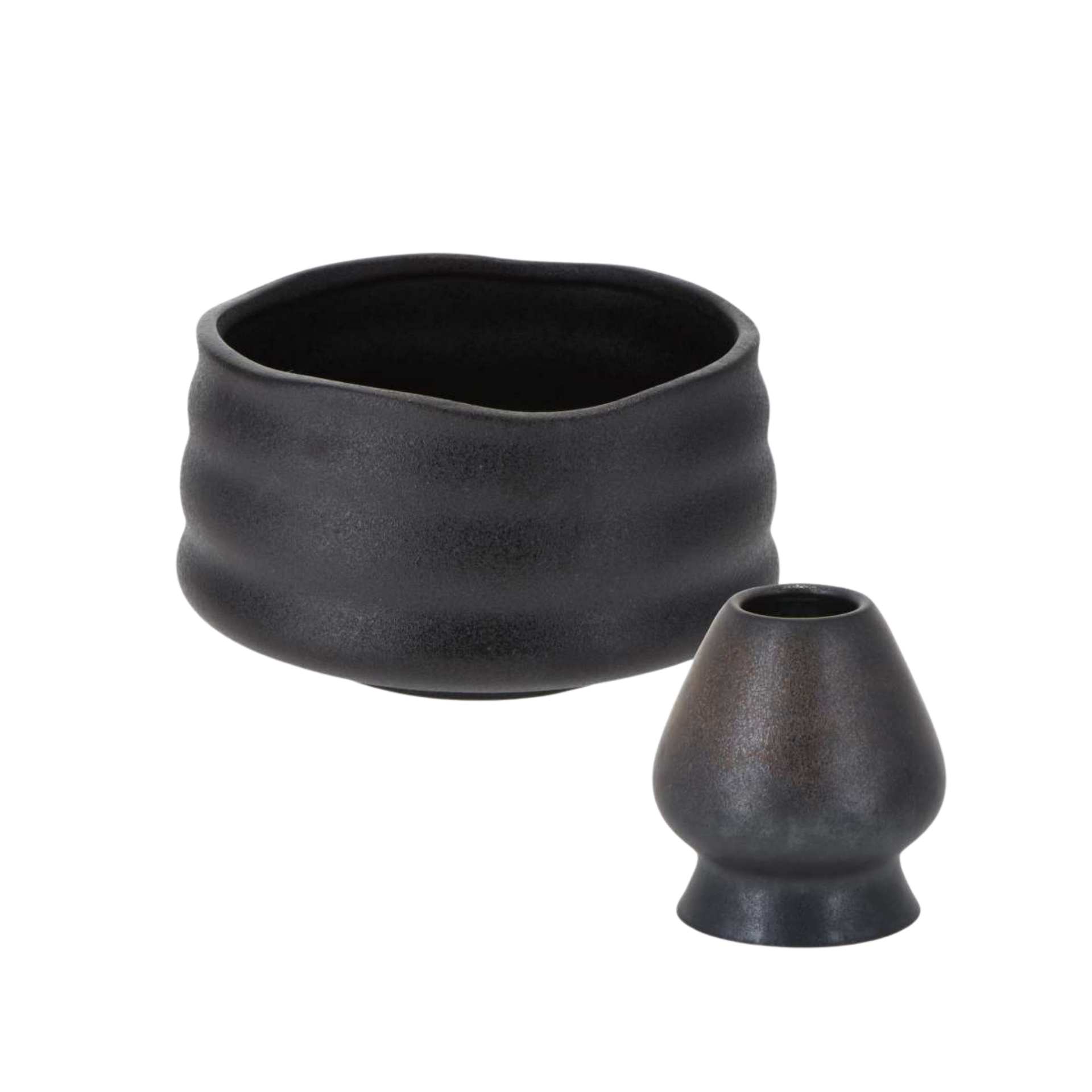Black ceramic Matcha bowl with a whisk holder