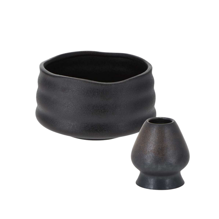 Black ceramic Matcha bowl with a whisk holder