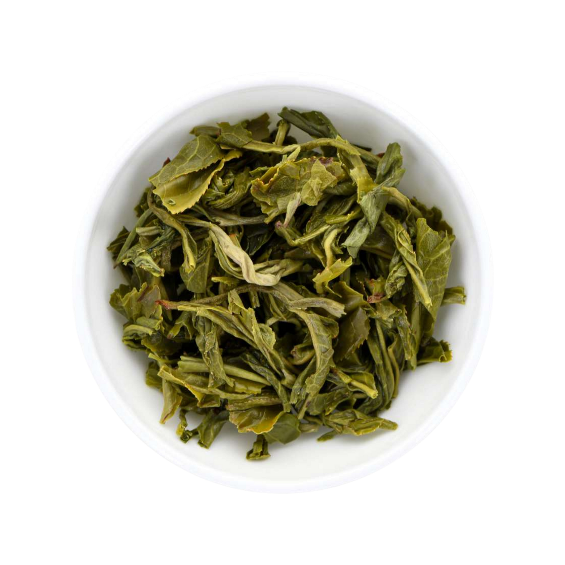 Chinese Mao Feng wet tea leaves in a white bowl