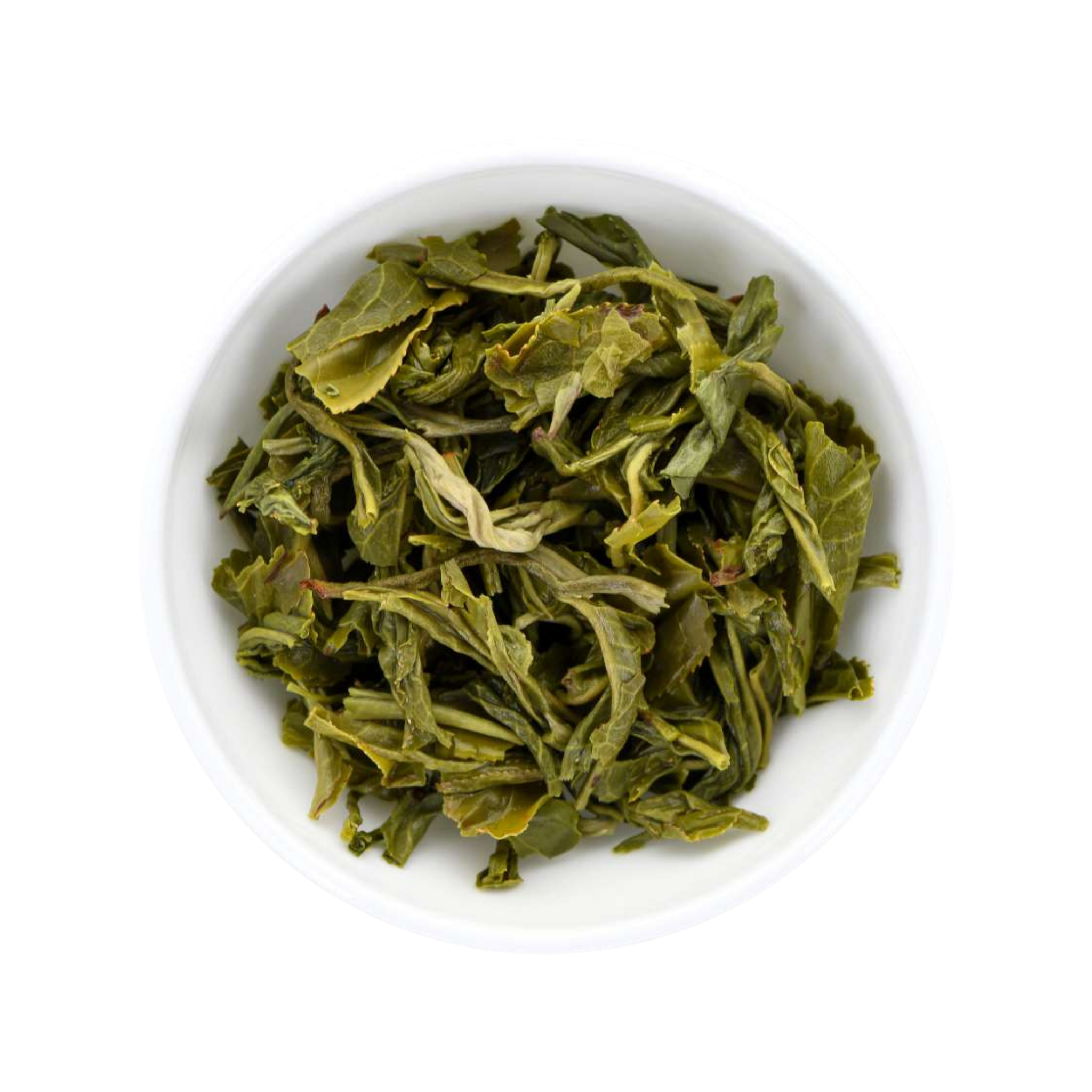 Chinese Mao Feng wet tea leaves in a white bowl