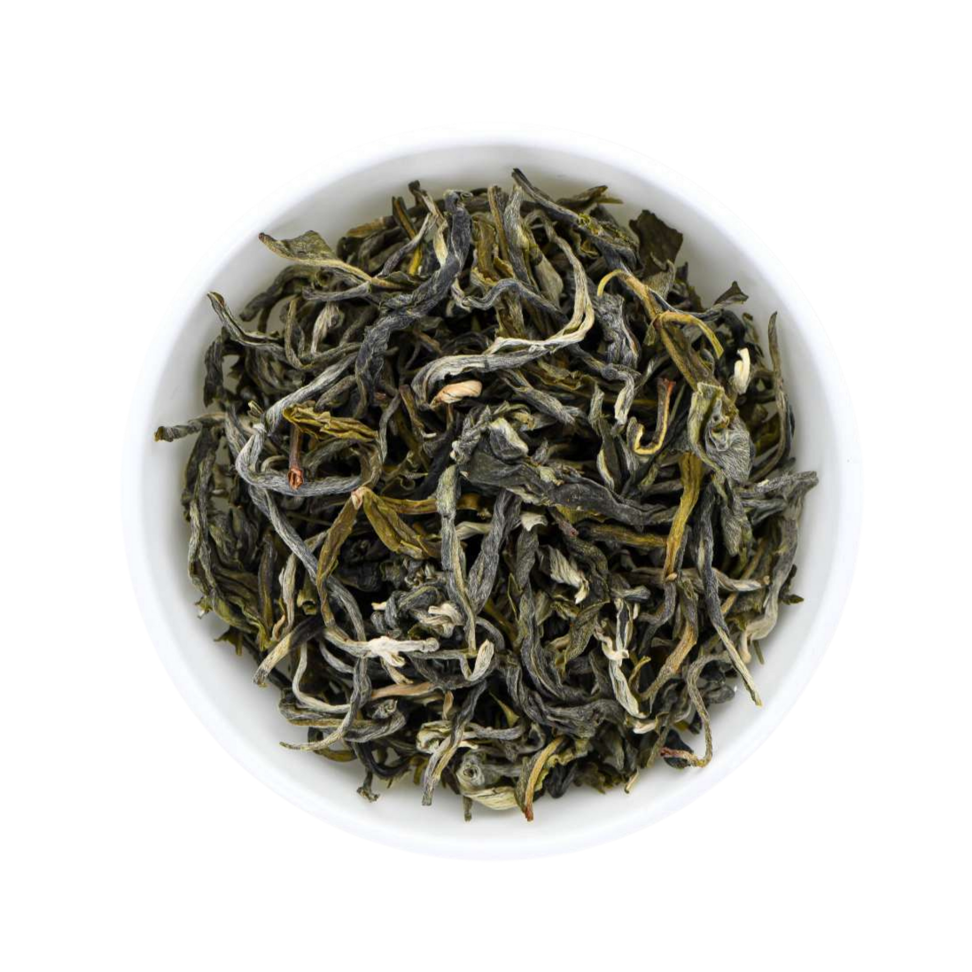 Dry Chinese Mao Feng green tea leaves in a white bowl