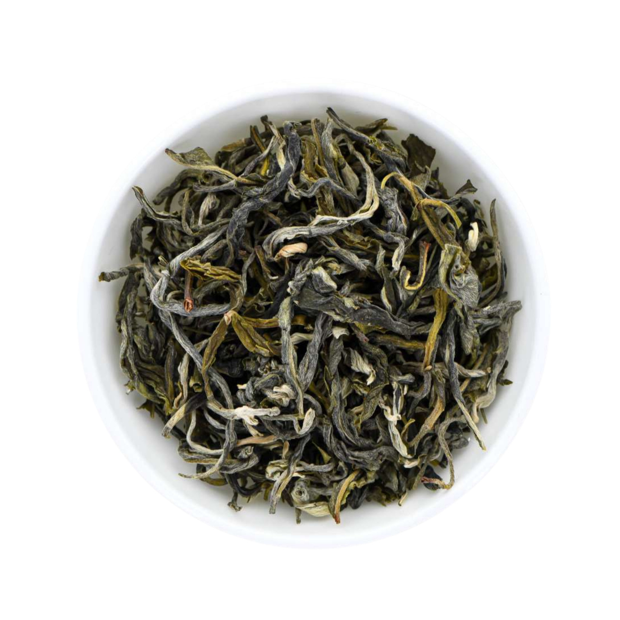 Dry Chinese Mao Feng green tea leaves in a white bowl
