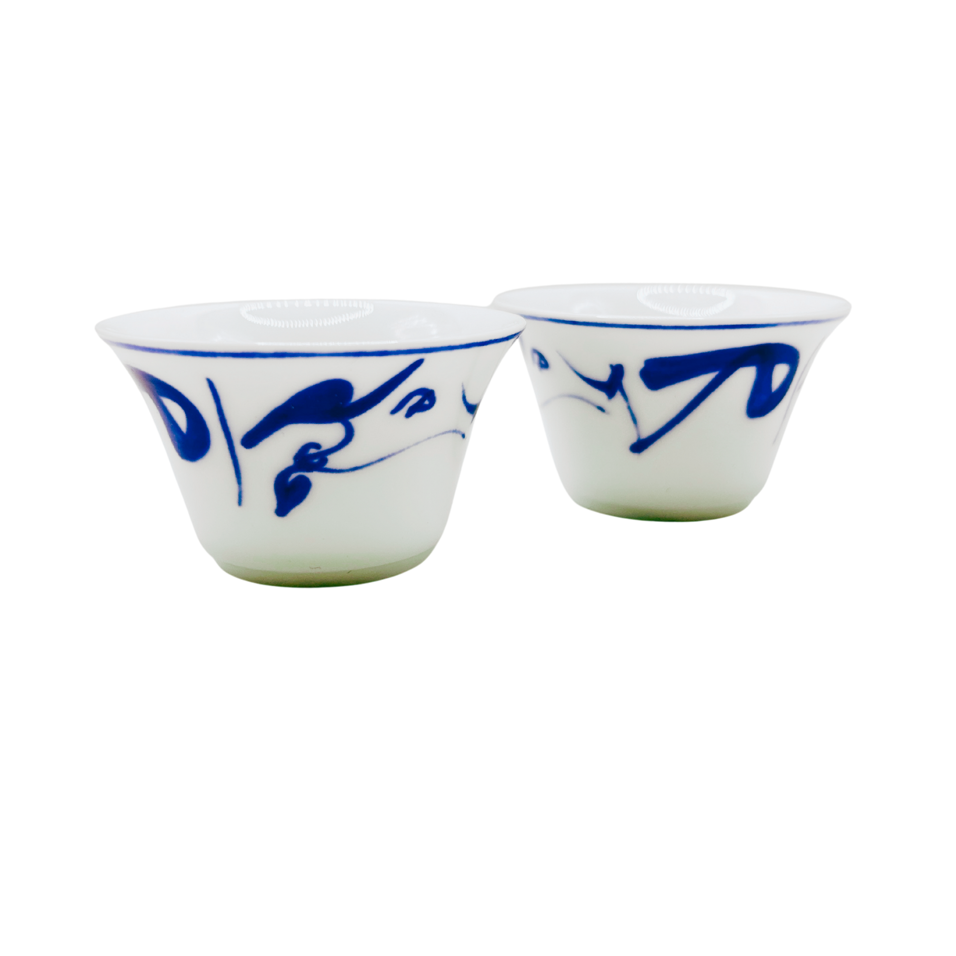 Two white Chinese ceramic cups with blue floral designs