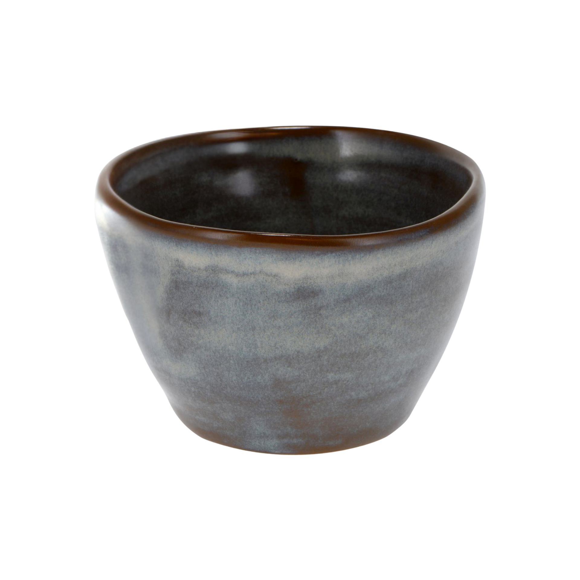 Cloudy white and blue ceramic Tea cup with a brown rim