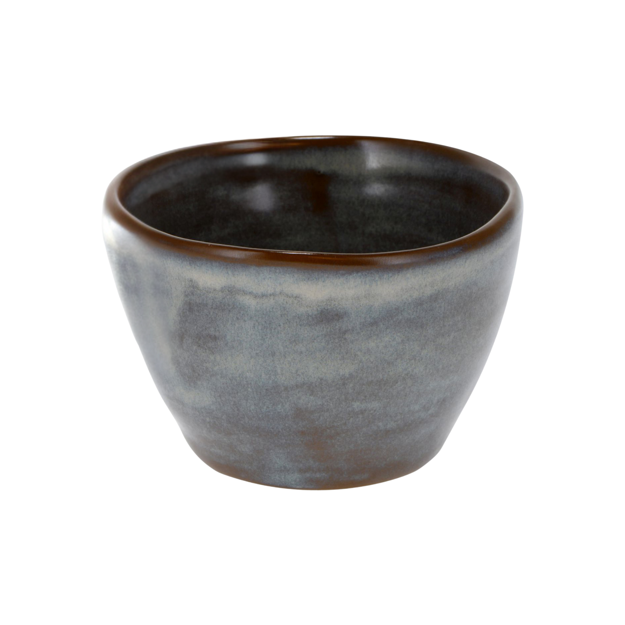 Cloudy white and blue ceramic Tea cup with a brown rim