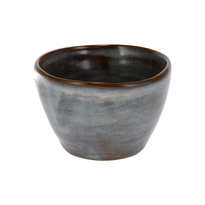 Cloudy white and blue ceramic Tea cup with a brown rim