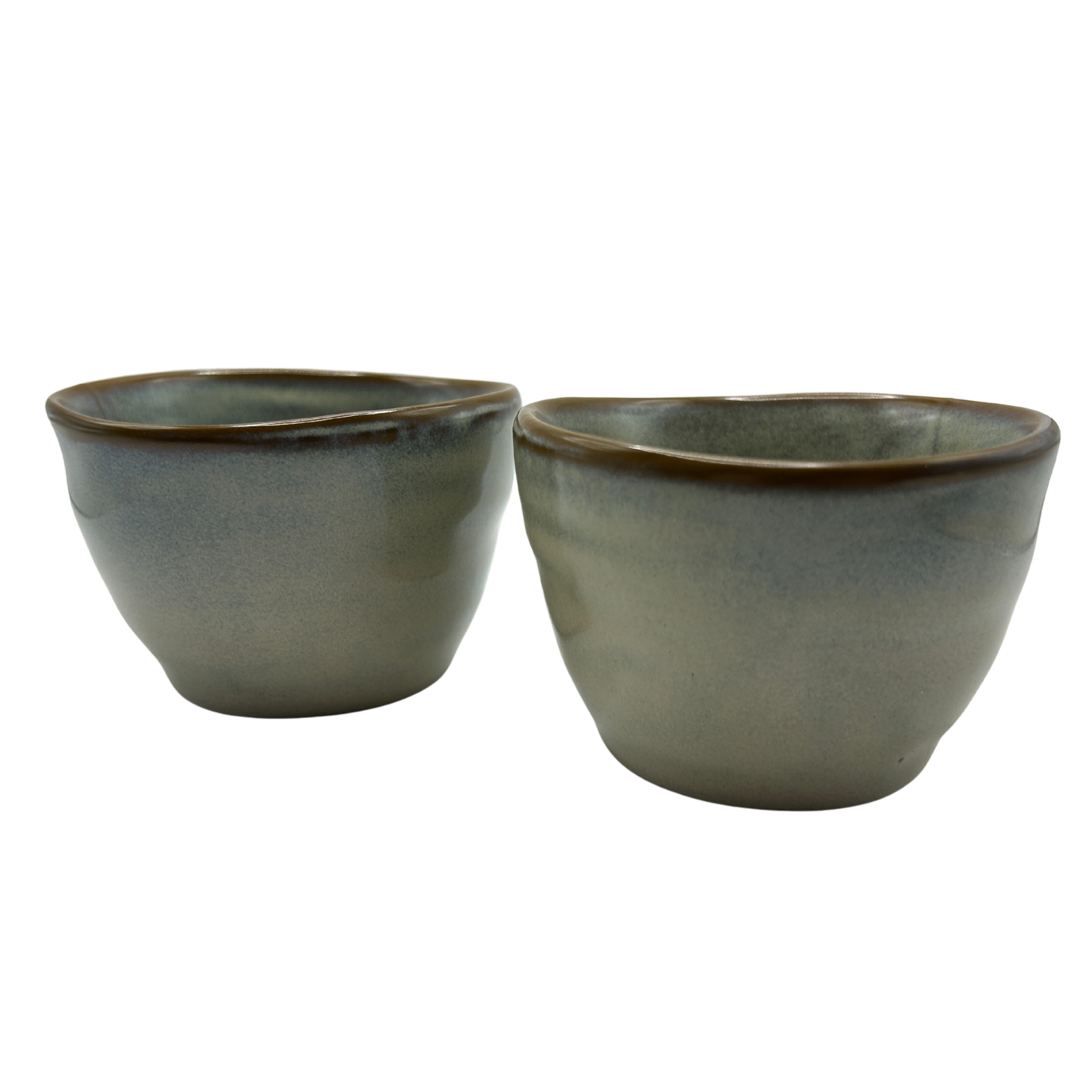Two ceramic tea cups with a grayish-cloudy blue glaze