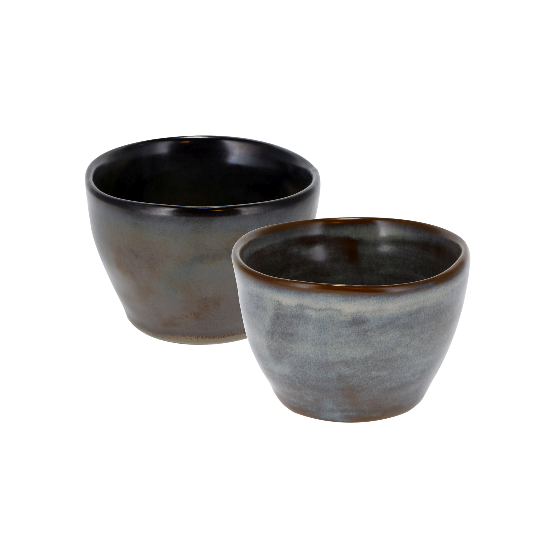 Two cloudy white and blue/brown ceramic Tea cup with a brown rim