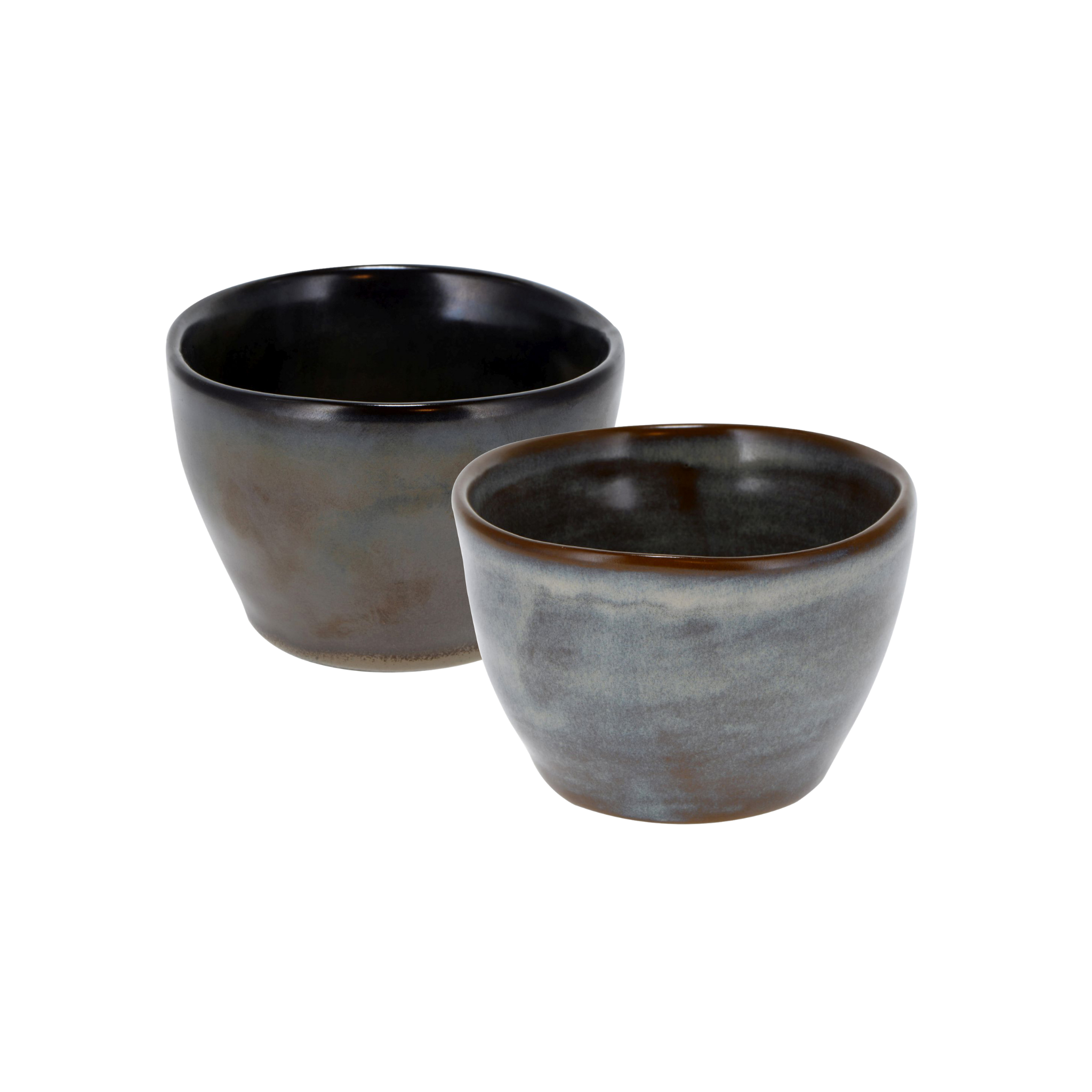 Two cloudy white and blue/brown ceramic Tea cup with a brown rim