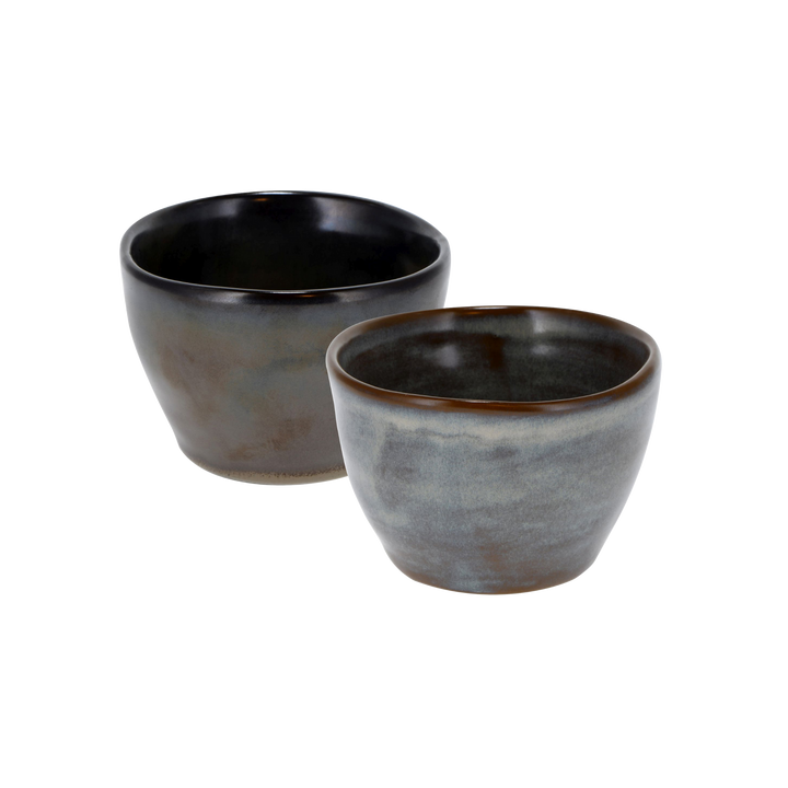 Two cloudy white and blue/brown ceramic Tea cup with a brown rim