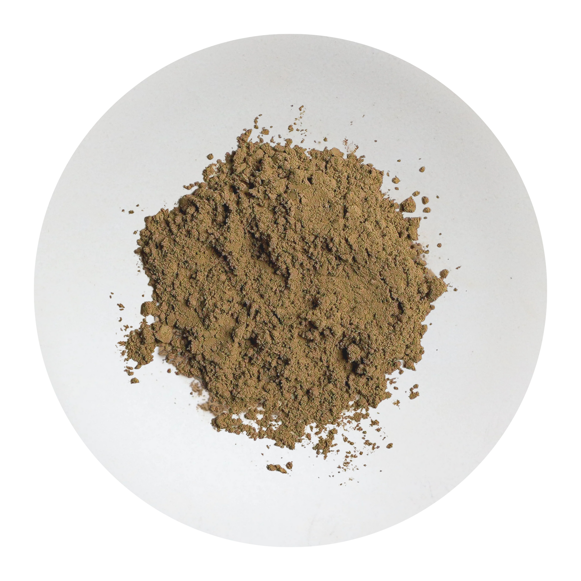 A pile of fine brown Hojicha powder displayed on a clean white circular plate