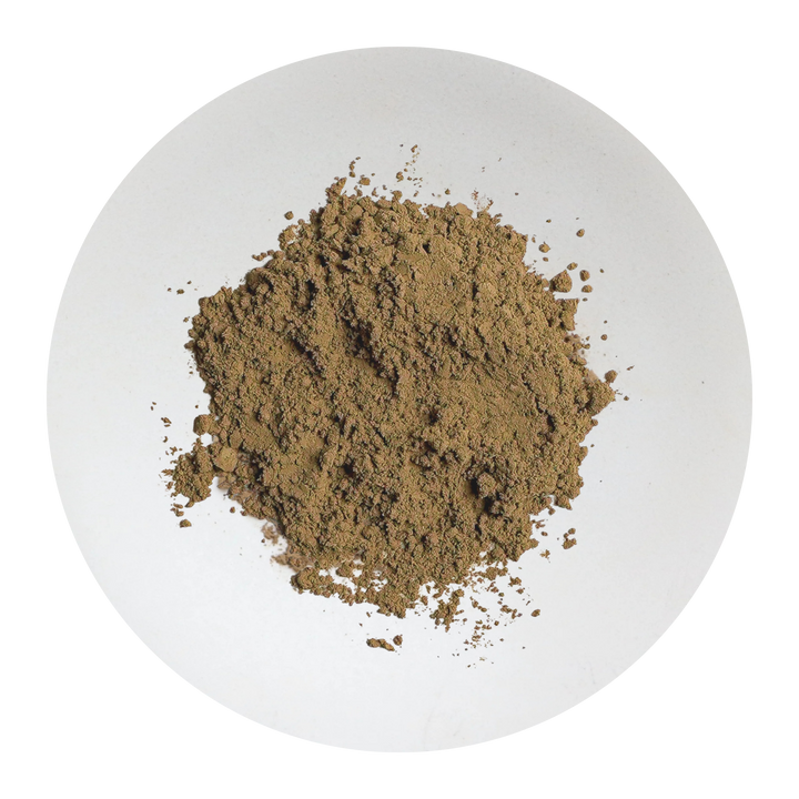 A pile of fine brown Hojicha powder displayed on a clean white circular plate