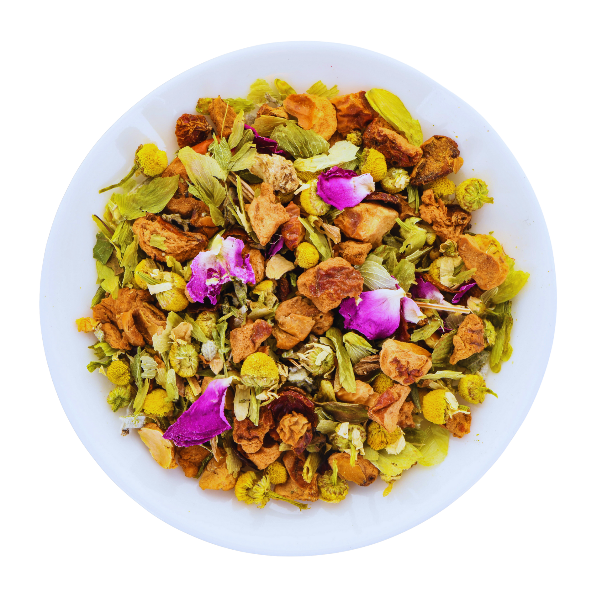 Colorful herbs and flowers in a white bowl